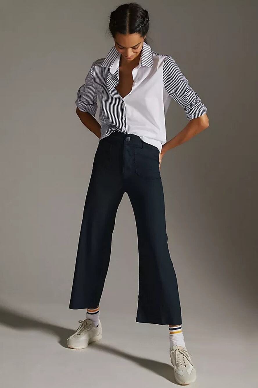 Anthropologie Maeve Colette Linen Blend Wide Leg Cropped Pants Black Size 32
